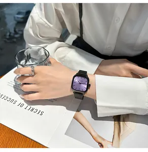 Close-up of minimalist purple square face watch with black metal link band