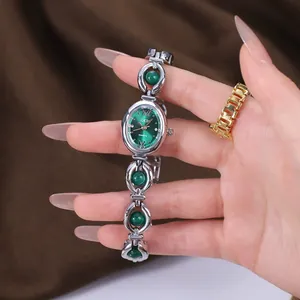 GEDI Elegant Women Quartz Watch Jewelry Bracelet Vintage Chinese Style Emerald Green Stone Faux Pearl Alloy Strap Exquisite Wristwatch