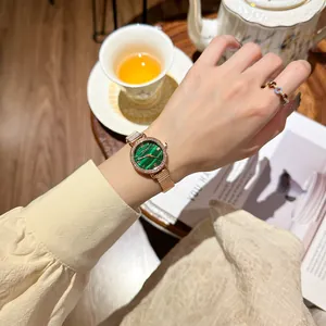 Elegant women's quartz watch with green malachite dial and rose gold metal band