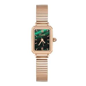 Vintage square quartz watch with green malachite dial and rose gold elastic band