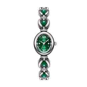 GEDI elegant vintage ladies bracelet watch featuring emerald green dial and silver link band