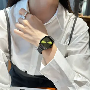 Minimalist women's square watch with olive green dial and black mesh metal strap