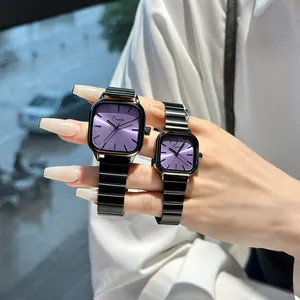 Minimalist Eavanlin couple watches featuring purple sunray dials and black link straps