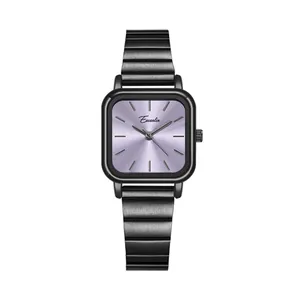 Elegant Eavanlin women's square watch with lavender sunray dial and black metal strap