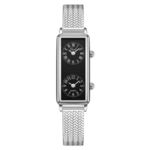 Vintage rectangular silver mesh strap women's watch with dual time zone and black dial
