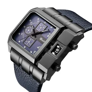 Dettaglio dell'orologio quadrato oversize Oulm da uomo con quadrante blu e pelle
