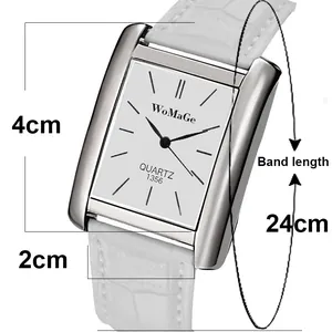 Vista dettagliata orologio quadrato moda con cassa 4cm e cinturino in pelle bianca