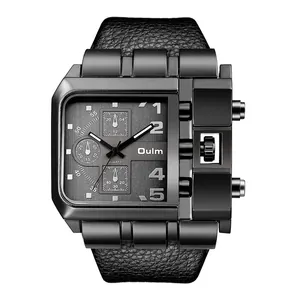 Dettaglio ravvicinato dell'orologio militare da uomo Oulm con cinturino in pelle nera