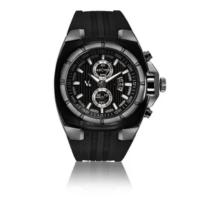Close-up detail of V6 men's fashion sport watch with black silicone strap and multi-dial