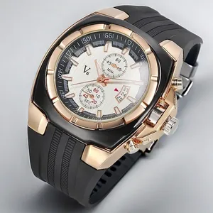 Close-up of V6 men's sports watch with rose gold case and black silicone strap