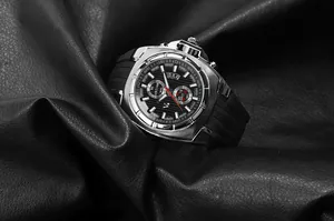 Detail view of V6 men's fashion watch with black silicone strap and multi-dial design