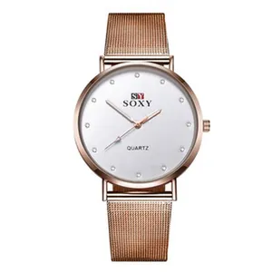 Orologio al quarzo da donna in oro rosa con quadrante argento e cinturino mesh
