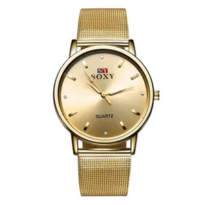 Elegante orologio al quarzo da donna con cinturino a maglia dorata e quadrante oro