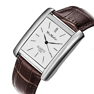 Vista dettagliata dell'orologio da uomo quadrato WoMaGe con cassa argento e cinturino in pelle