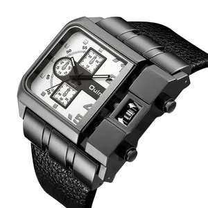 Vista dettagliata dell'orologio militare quadrato Oulm con cinturino in pelle