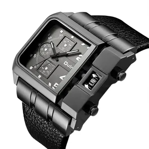 Primo piano dell'orologio militare Oulm da uomo con cinturino in pelle nera e quadrante