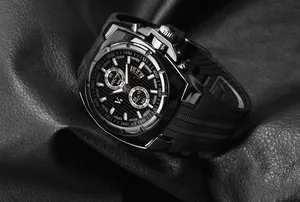 Macro view of the V6 men's sports watch with black silicone strap and rugged dial