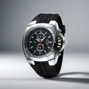 Macro detail of V6 men's fashion watch with silver brushed metal case and silicone strap