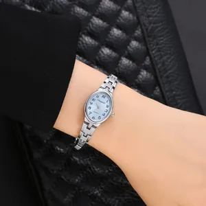Primo piano di un orologio a maglie d'argento con quadrante ovale azzurro sul polso