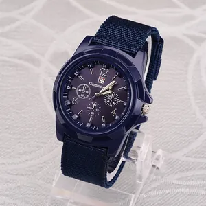 Close-up detail of navy blue men's sports watch with durable nylon canvas strap.