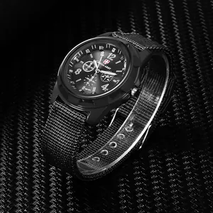 Men's outdoor sports watch with black dial and durable canvas strap, 45-degree view