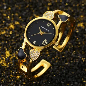Orologio da polso dorato a forma di cuore per donna con quadrante nero e cristalli