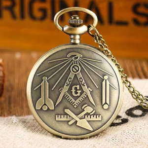 Vintage Große Taschenuhr Quarzwerk Graviertes Freimaurer Symbol Bronze Legierung Anhänger Analoge Uhr Für Damen Herren