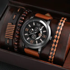 Parure Montre à Quartz Affaires Hommes Boîtier en Alliage Bracelet en Cuir Bracelets Tressés Perlés SOKI Coffret Cadeau Montre Mode