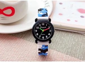 Close-up of cute panda-eared children's watch with blue camouflage silicone strap
