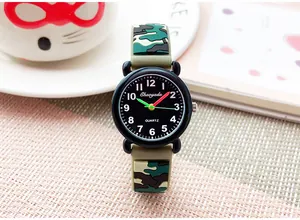 Close-up of children's camouflage quartz watch with a durable green silicone strap