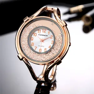 Women Fashion Bangle Watch Floating Rhinestone Dial Quartz Watch Elegant Alloy Bracelet Wristwatch Ladies Jewelry Watch