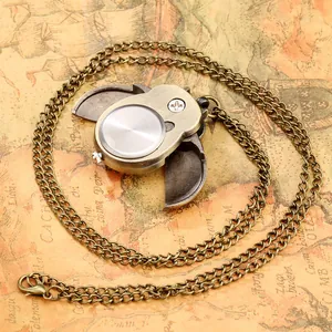 Rückansicht einer Vintage-Eulen-Taschenuhr-Halskette in Bronze mit langer Kette