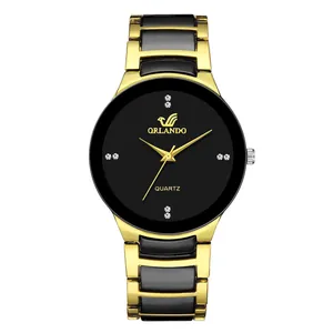 Elegante orologio al quarzo da uomo Orlando con quadrante nero e cinturino in acciaio dorato