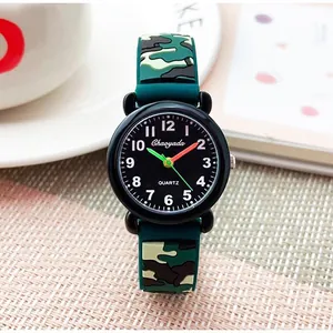 Waterproof children's watch with green camouflage silicone strap and large black dial