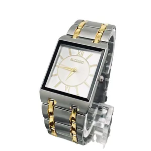 Two-tone stainless steel business quartz watch with square face and gold Roman numerals