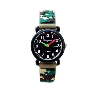 Children's analog quartz watch featuring camouflage silicone strap and colorful dial hands