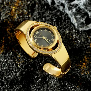 Orologio a bracciale CANSNOW di lusso in oro da donna con lunetta in strass e quadrante nero