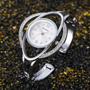 Orologio a bracciale rigido elegante argento con strass, quadrante bianco e quarzo
