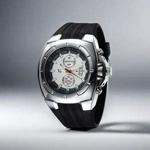 Detail view of V6 men's fashion watch with white chronograph dial and black silicone strap