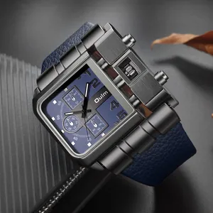 Orologio militare da uomo Oulm oversize con cinturino in pelle blu e quadrante multiplo