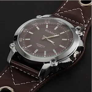 WoMaG heren mode quartz horloge met bruine leren horlogeband en zilveren metalen kast
