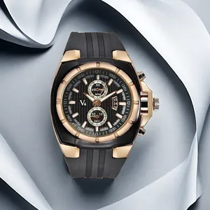 Close-up of luxury men's quartz watch with black silicone strap and rose gold detailing