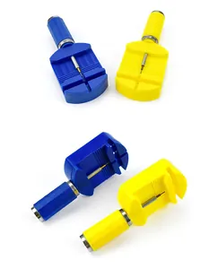 Detailed view of blue and yellow watch band link remover tools at multiple angles.