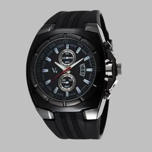 Detailed view of V6 men's fashion watch with black silicone strap and chronograph dial