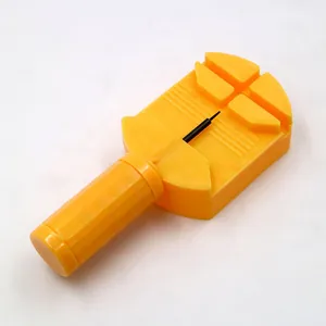 Yellow plastic watch band link remover tool with metal pin for strap size adjustment