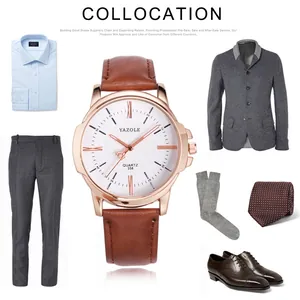 Reloj de cuarzo Yazole para hombre mostrado en combinación formal con correa de cuero marrón.