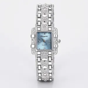 Elegante orologio al quarzo quadrato da donna con cinturino in acciaio con strass e quadrante blu