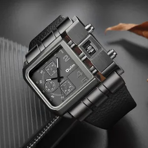 Dettaglio dell'orologio da uomo Oulm con quadrante quadrato multiplo e cinturino in pelle