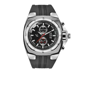 V6 men's fashion sports watch with black silicone strap and steel case