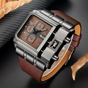 Dettaglio ravvicinato dell'orologio militare Oulm con cinturino in pelle marrone e cassa